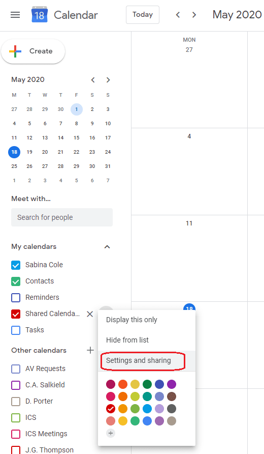 Shared Calendar Options Menu