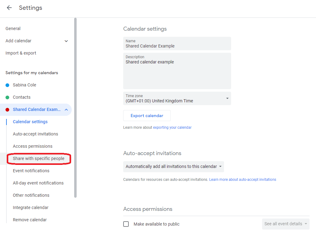 Shared Calendar Options Settings