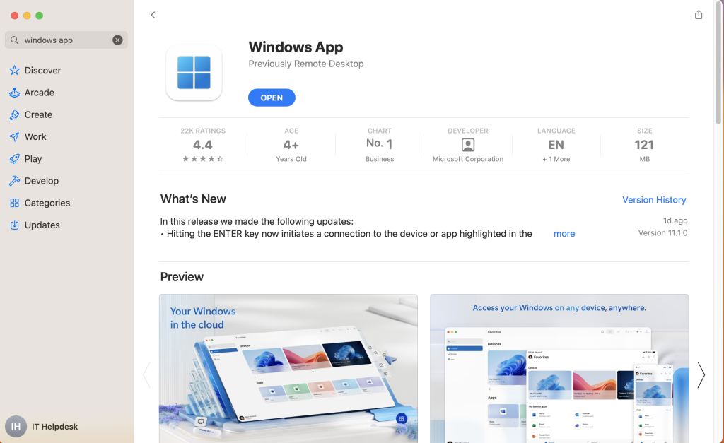 A picture of the Mac App Store with the Mac App page for Windows App currently selected.