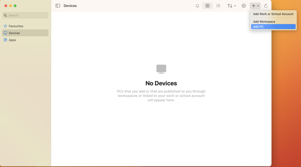 A screenshot of the Windows App application on MacOS, with the "Add" button selected in the top right hand corner. The context menu is open with "Add PC" selected as an option.